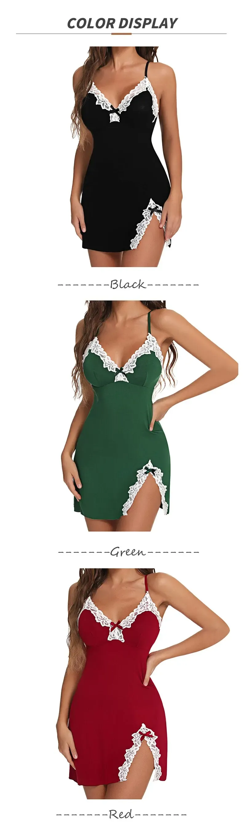 Sexy Lace Silk Satin V-Neck Nightgown for Women, Split Hem Soft Lingerie Sleep Dress, Sleeveless Nightwear Female Clothes showcase 3