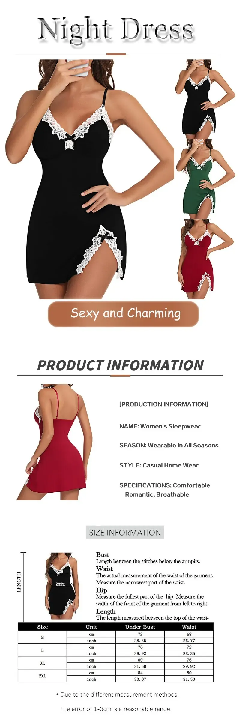 Sexy Lace Silk Satin V-Neck Nightgown for Women, Split Hem Soft Lingerie Sleep Dress, Sleeveless Nightwear Female Clothes showcase 1