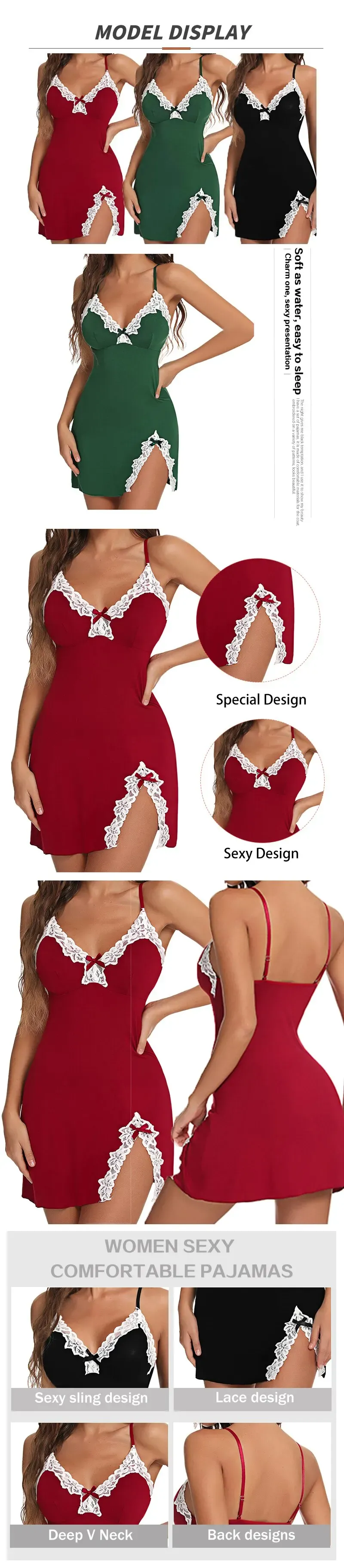 Sexy Lace Silk Satin V-Neck Nightgown for Women, Split Hem Soft Lingerie Sleep Dress, Sleeveless Nightwear Female Clothes showcase 4