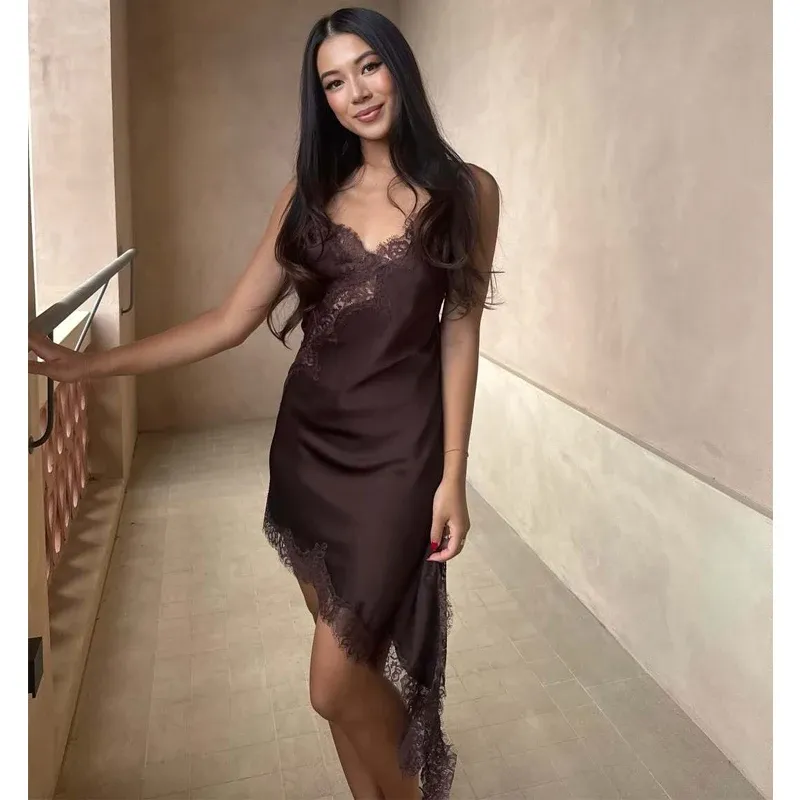 Women's Sexy Satin Lace Slip Mini Dress - Backless Asymmetric Summer Party Beach Dress thumbnail 6