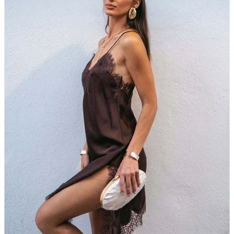 Women's Sexy Satin Lace Slip Mini Dress - Backless Asymmetric Summer Party Beach Dress thumbnail 2