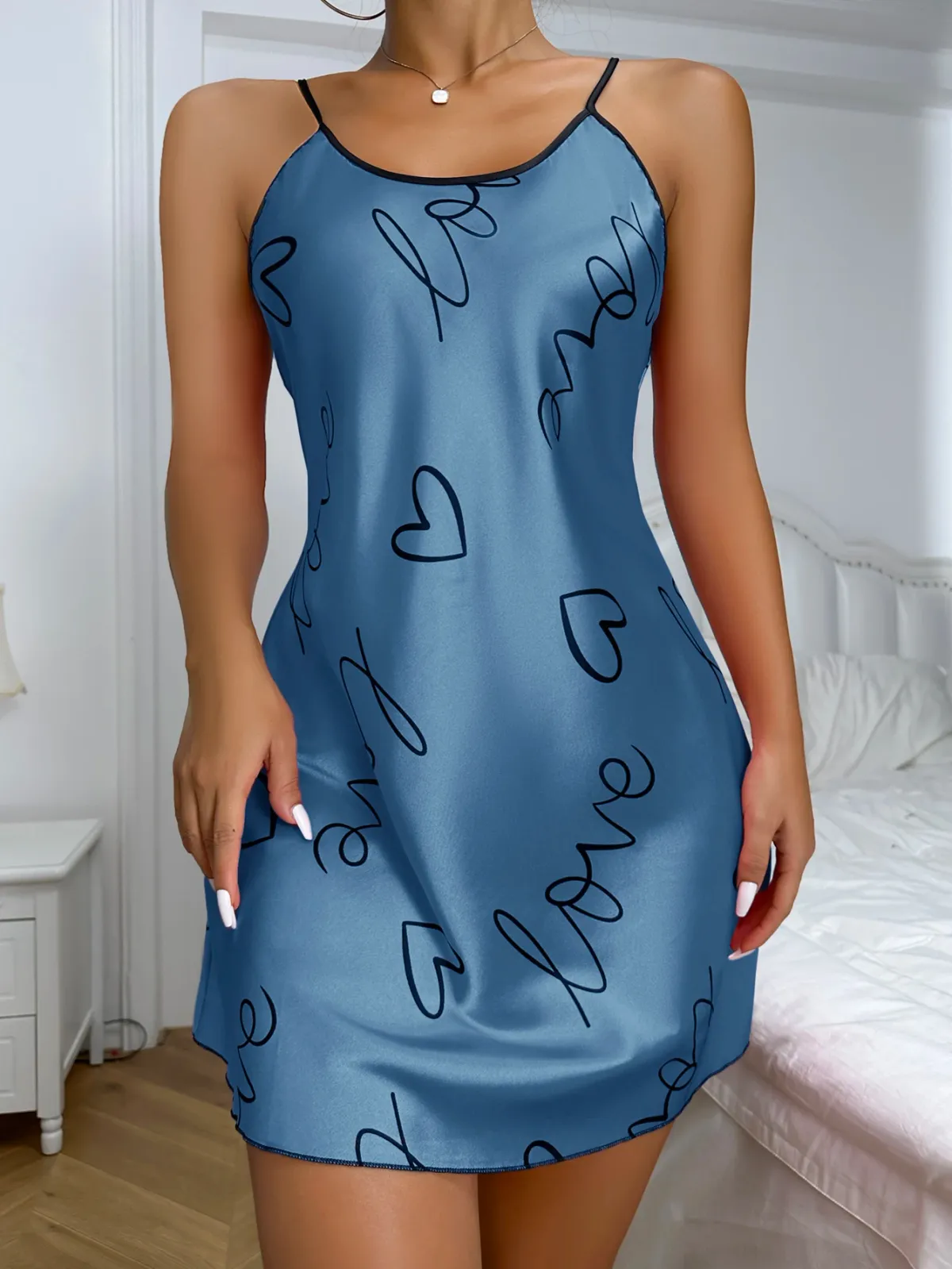 Women's Heart Letter Print Nightdress - Casual Round Neck Spaghetti Strap Sleep Dress for Comfortable Lounging showcase 9