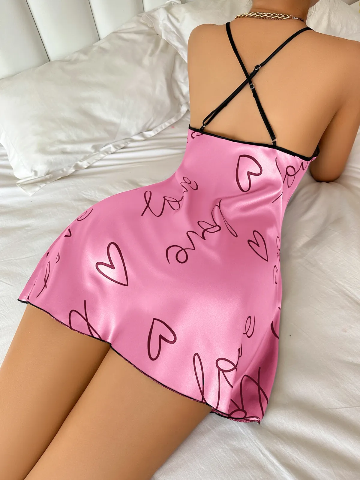 Women's Heart Letter Print Nightdress - Casual Round Neck Spaghetti Strap Sleep Dress for Comfortable Lounging showcase 23