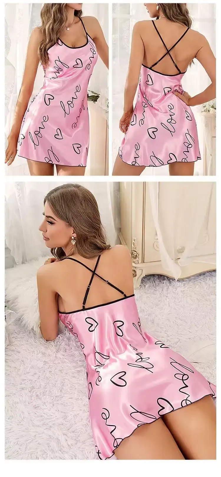 Women's Heart Letter Print Nightdress - Casual Round Neck Spaghetti Strap Sleep Dress for Comfortable Lounging showcase 36