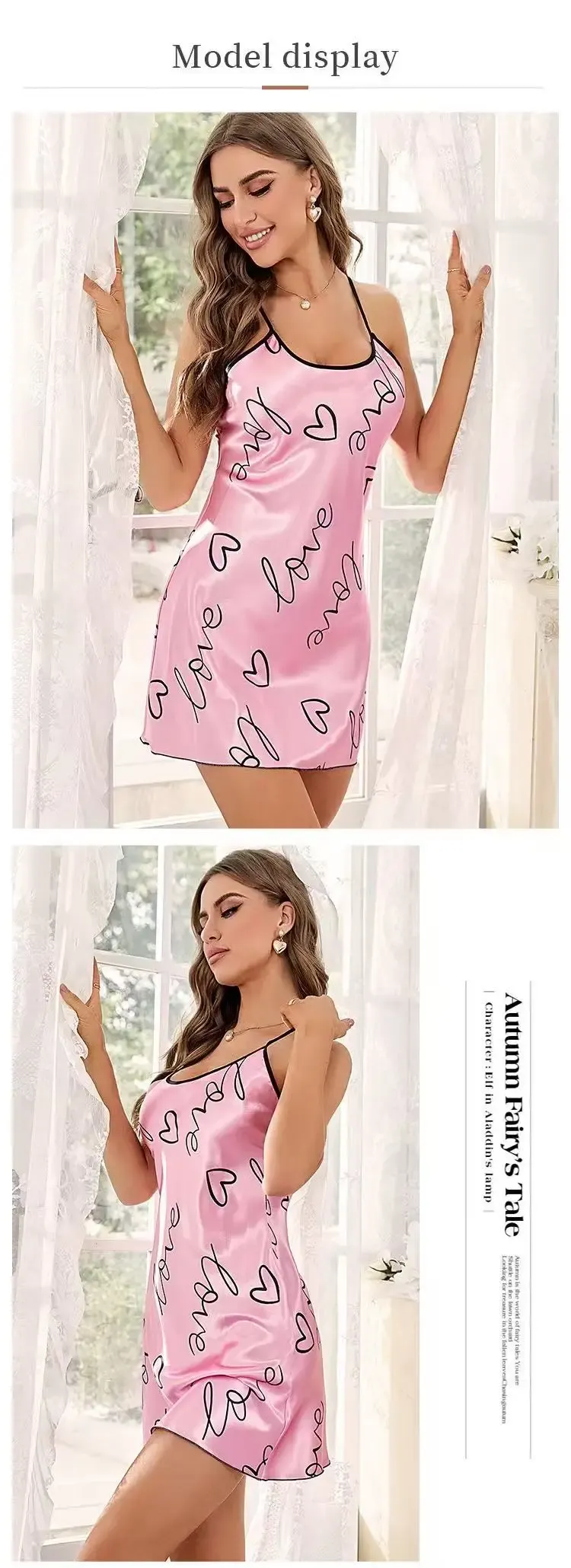 Women's Heart Letter Print Nightdress - Casual Round Neck Spaghetti Strap Sleep Dress for Comfortable Lounging showcase 35