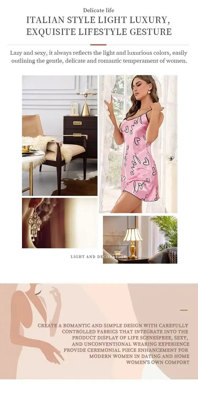 Women's Heart Letter Print Nightdress - Casual Round Neck Spaghetti Strap Sleep Dress for Comfortable Lounging showcase 37