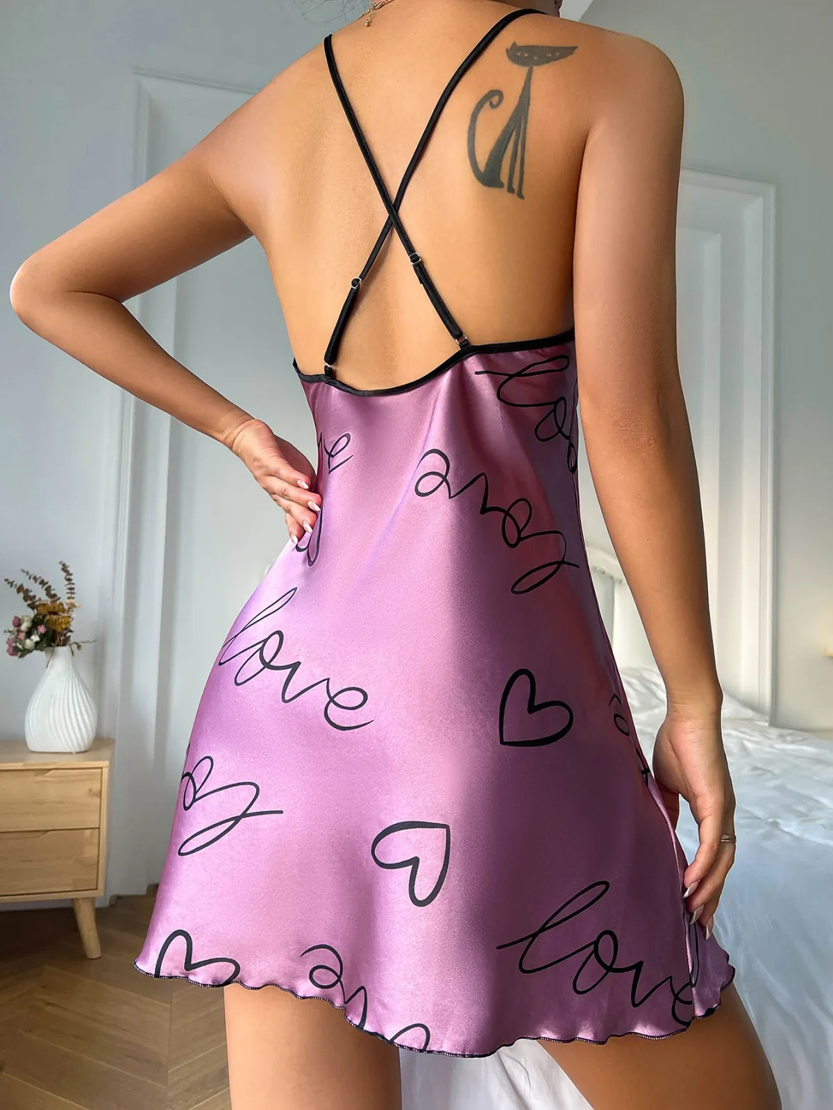 Women's Heart Letter Print Nightdress - Casual Round Neck Spaghetti Strap Sleep Dress for Comfortable Lounging showcase 33
