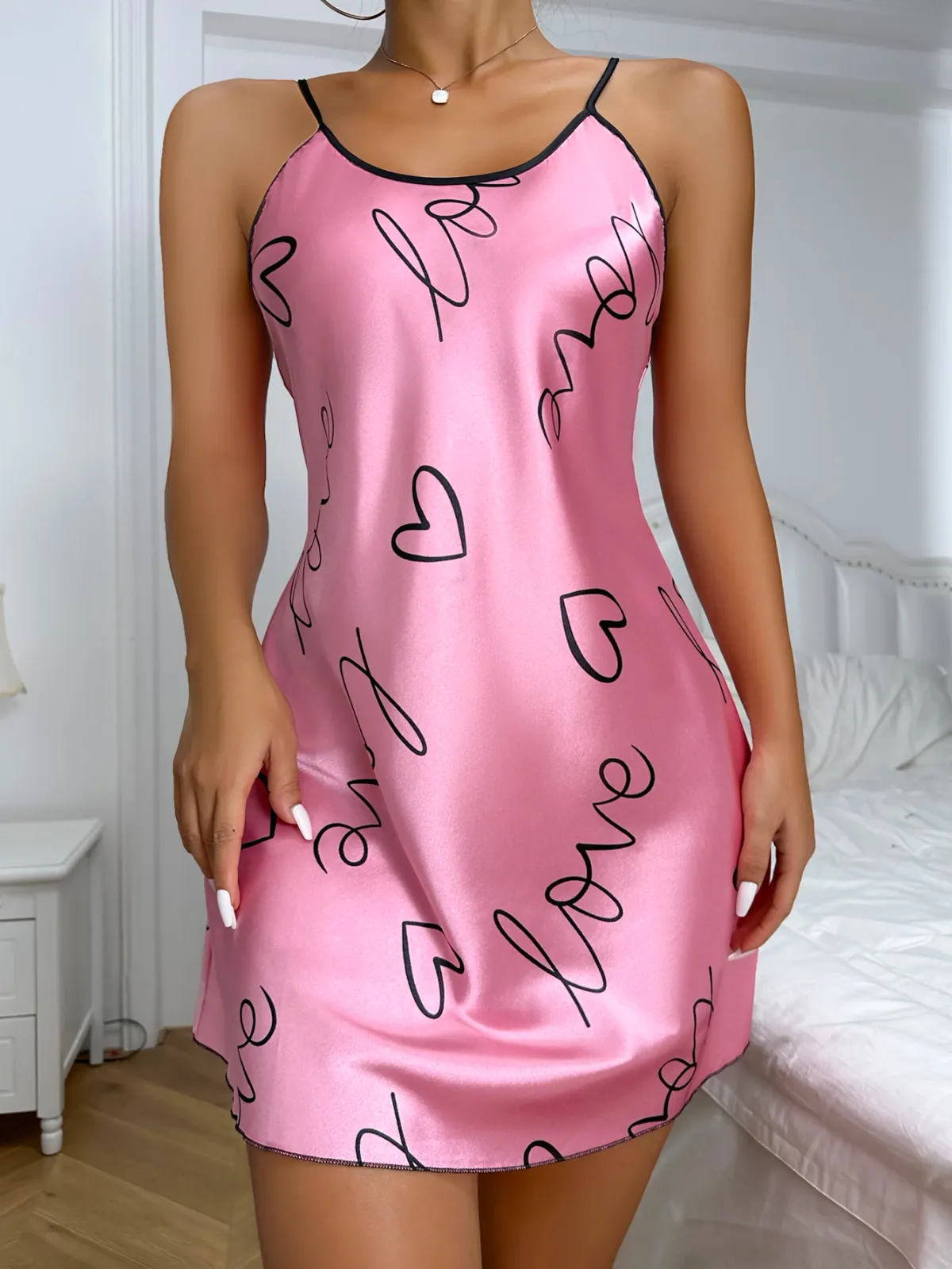 Women's Heart Letter Print Nightdress - Casual Round Neck Spaghetti Strap Sleep Dress for Comfortable Lounging showcase 27