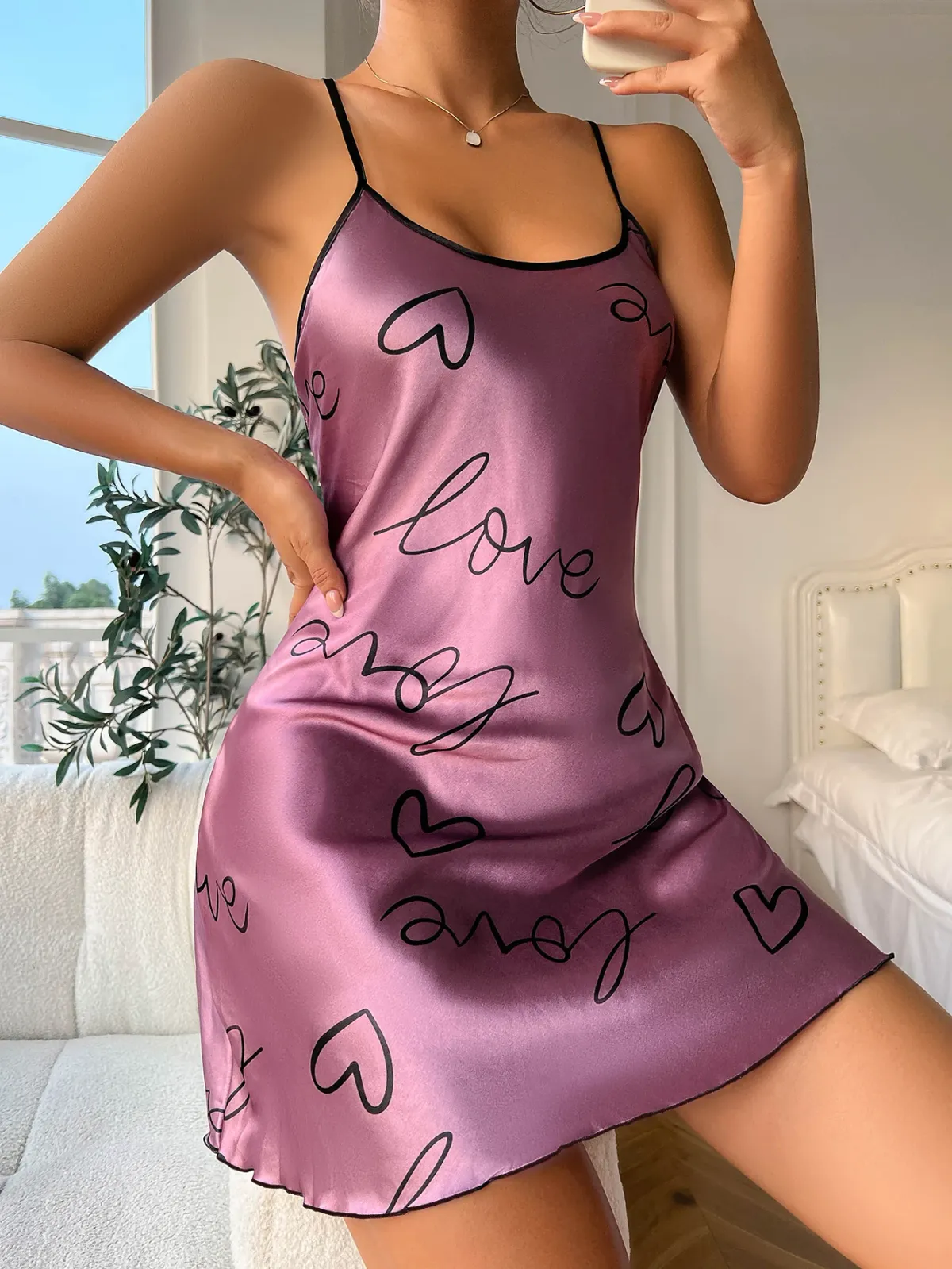 Women's Heart Letter Print Nightdress - Casual Round Neck Spaghetti Strap Sleep Dress for Comfortable Lounging showcase 32