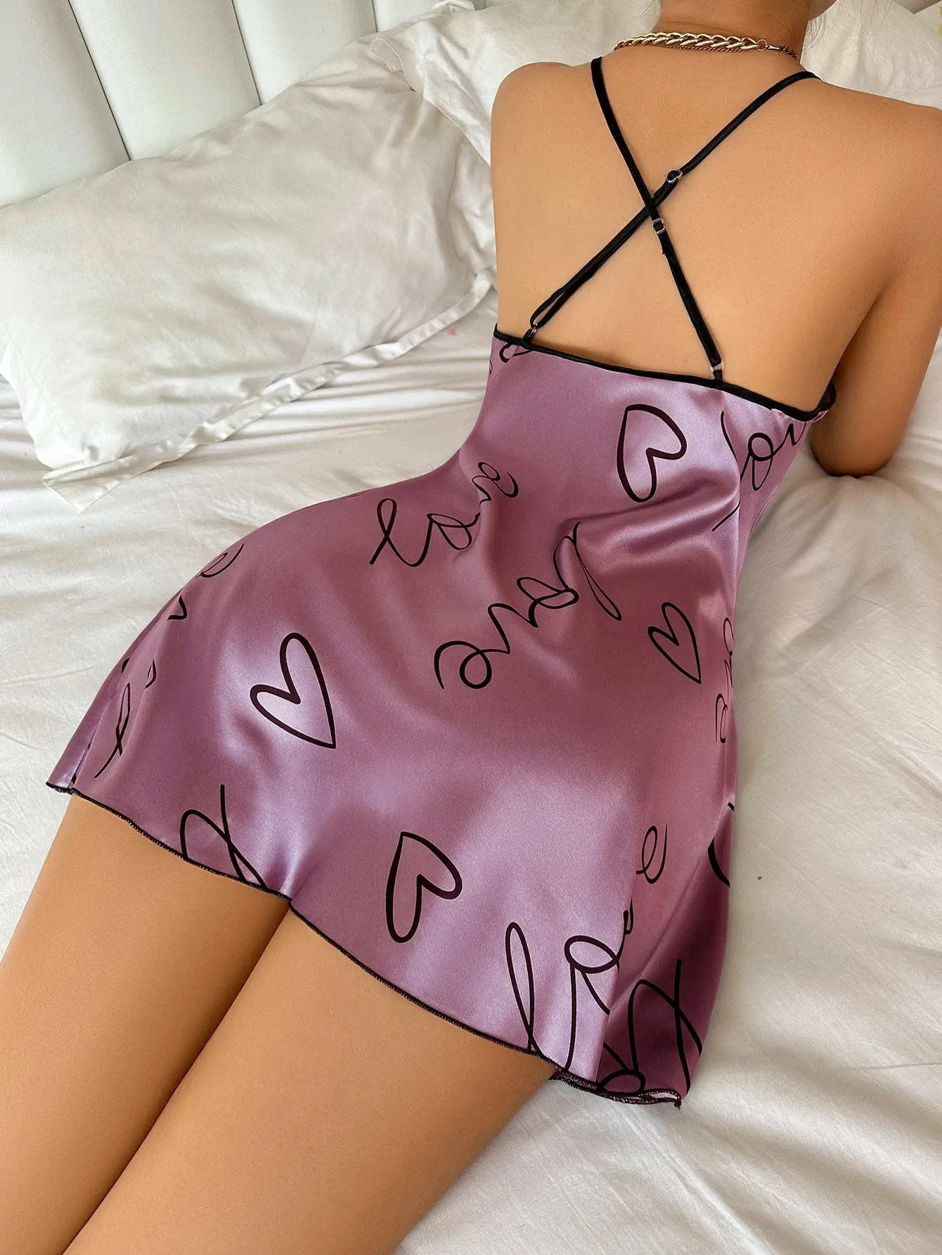 Women's Heart Letter Print Nightdress - Casual Round Neck Spaghetti Strap Sleep Dress for Comfortable Lounging thumbnail 6