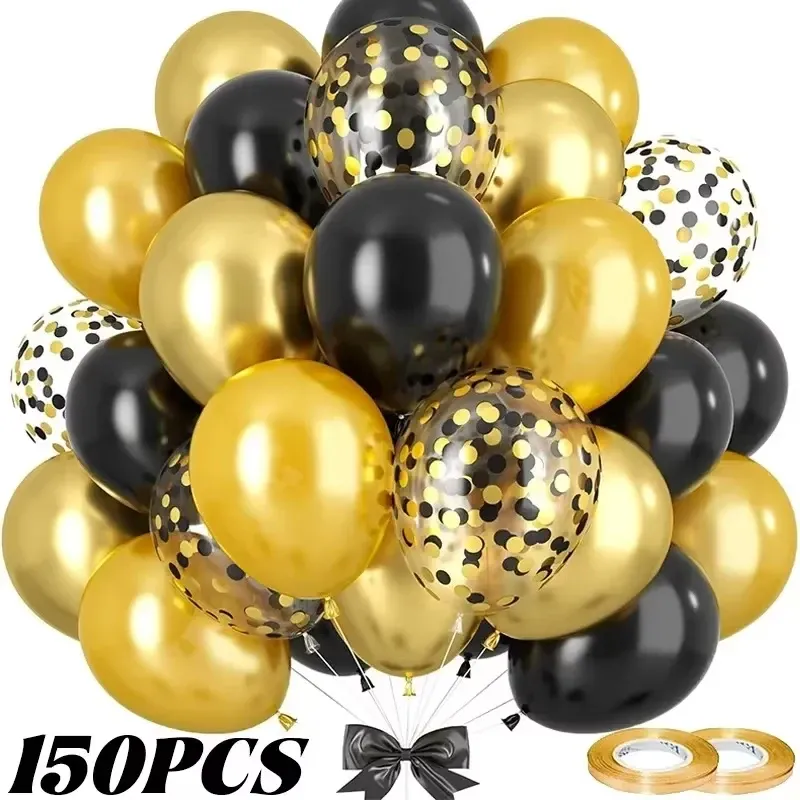 Shiny Black & Gold Latex Balloons - 10/12 Inch Sequin Inflatable Party Decor for Weddings, Birthdays, Christmas, Graduations - 15pc Set with Ribbons showcase 6