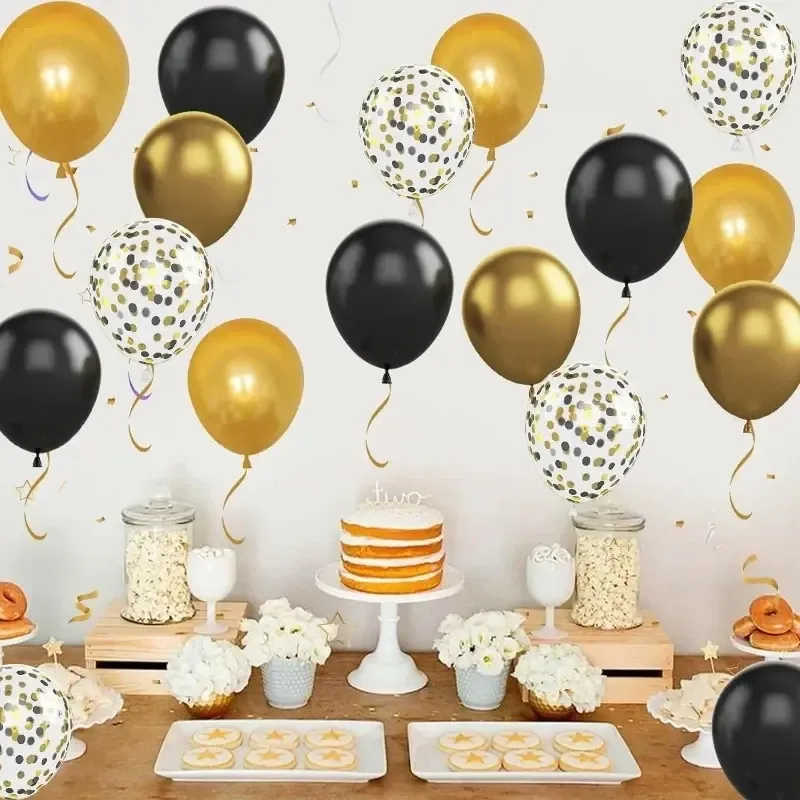 Shiny Black & Gold Latex Balloons - 10/12 Inch Sequin Inflatable Party Decor for Weddings, Birthdays, Christmas, Graduations - 15pc Set with Ribbons thumbnail 4