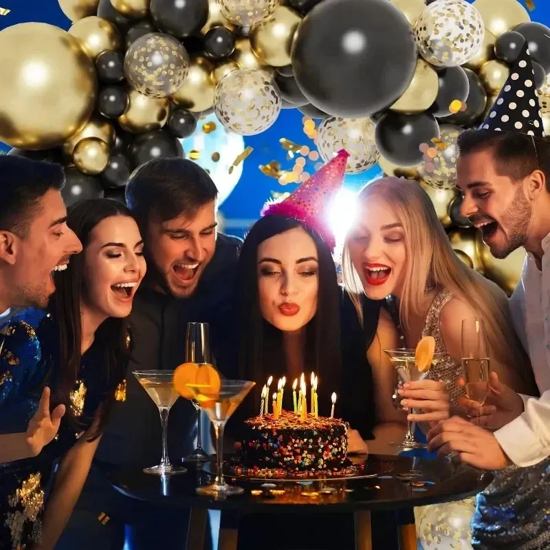 Shiny Black & Gold Latex Balloons - 10/12 Inch Sequin Inflatable Party Decor for Weddings, Birthdays, Christmas, Graduations - 15pc Set with Ribbons thumbnail 5