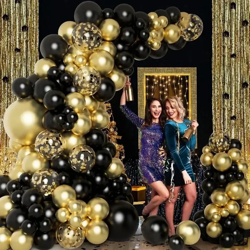 Shiny Black & Gold Latex Balloons - 10/12 Inch Sequin Inflatable Party Decor for Weddings, Birthdays, Christmas, Graduations - 15pc Set with Ribbons showcase 2