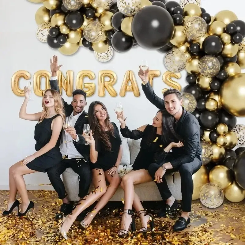 Shiny Black & Gold Latex Balloons - 10/12 Inch Sequin Inflatable Party Decor for Weddings, Birthdays, Christmas, Graduations - 15pc Set with Ribbons thumbnail 3