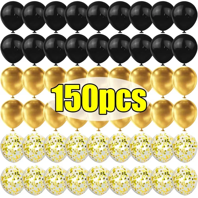 Shiny Black & Gold Latex Balloons - 10/12 Inch Sequin Inflatable Party Decor for Weddings, Birthdays, Christmas, Graduations - 15pc Set with Ribbons thumbnail 1