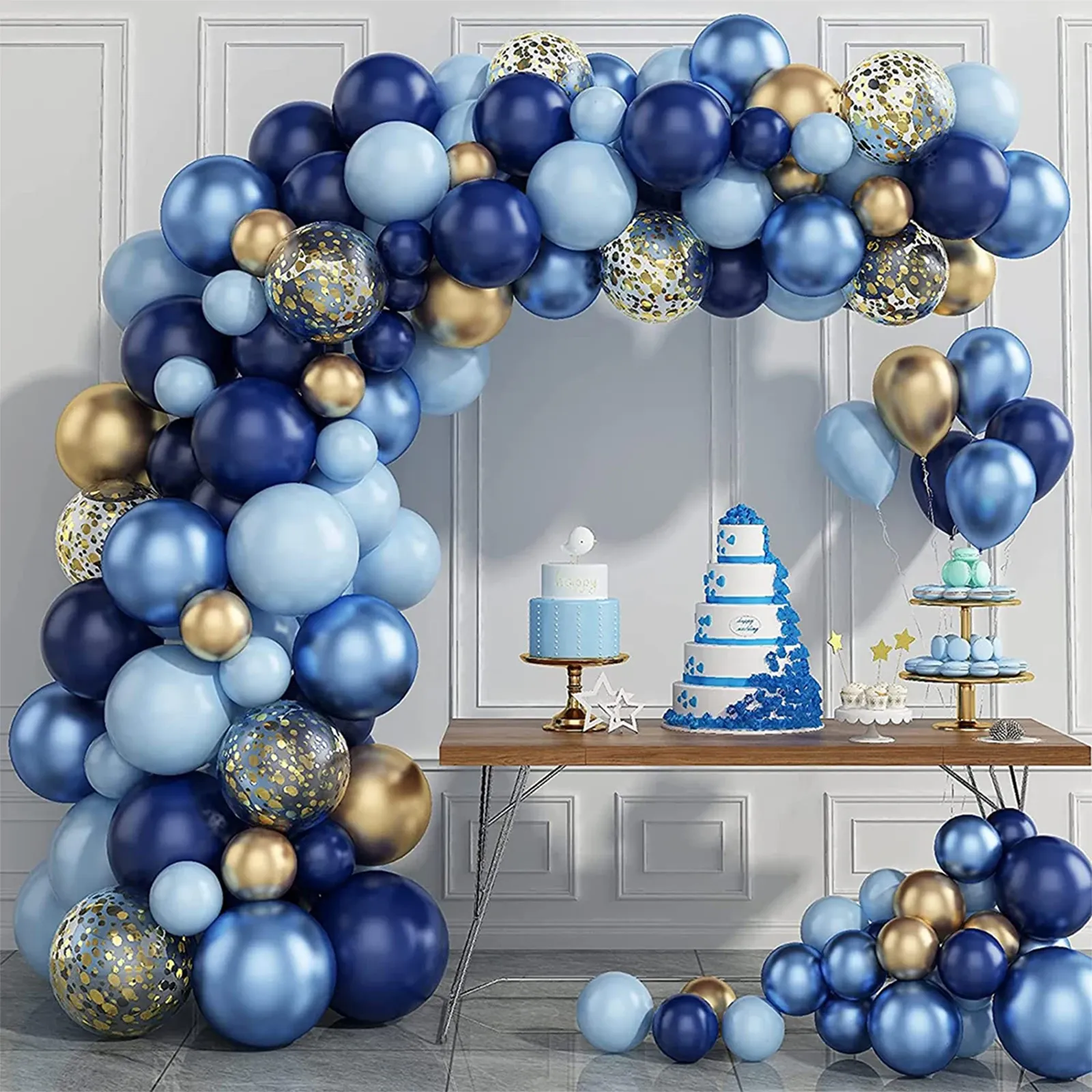 Blue Metallic Balloons Garland Arch Kit with Gold Confetti - Perfect for Birthday Parties, Weddings, Baby Showers, and Kids Celebrations thumbnail 1