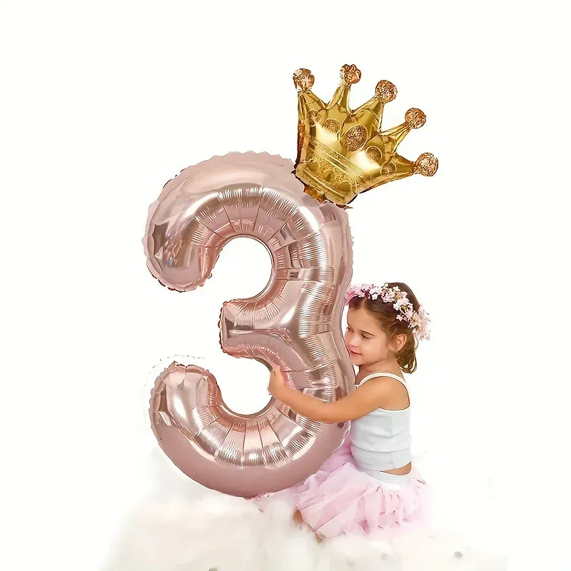 32-Inch Rose Gold Crown Digital Number Foil Balloon Set for Birthday Decorations - Available in Numbers 0-9 for Boys and Girls Party Supplies thumbnail 1