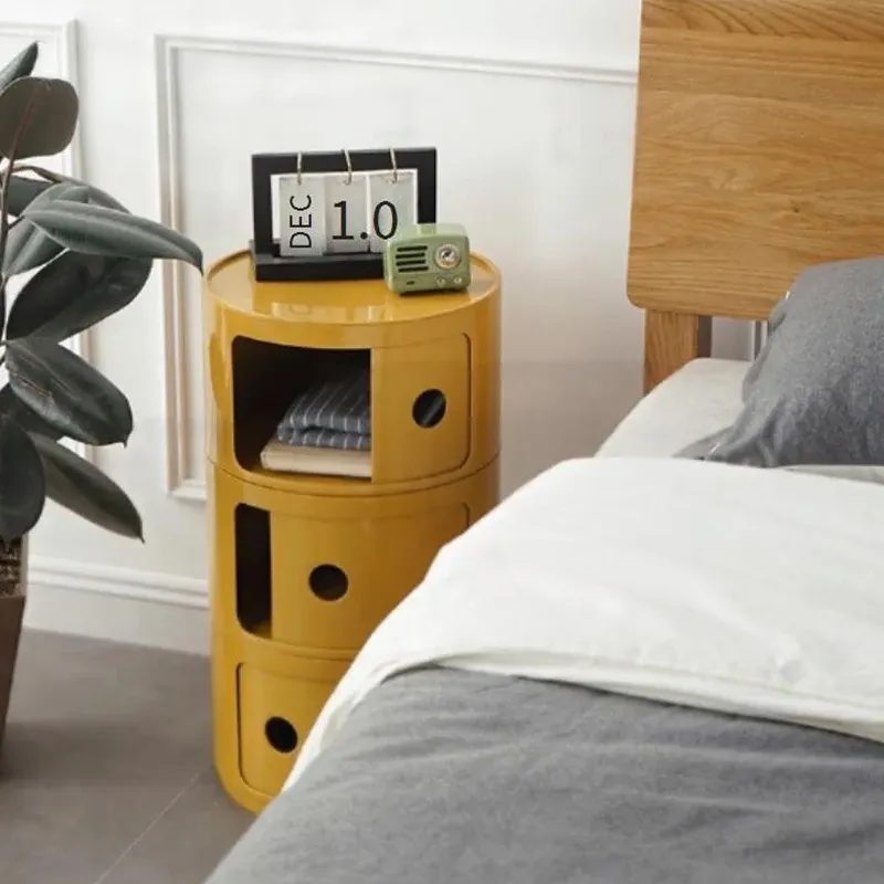 Nordic Modern Round Bedside Table with Multi-Layer Storage Cabinet - ABS Material, Sliding Door, 60kg Load Capacity, Ideal for Bedroom & Living Room thumbnail 3