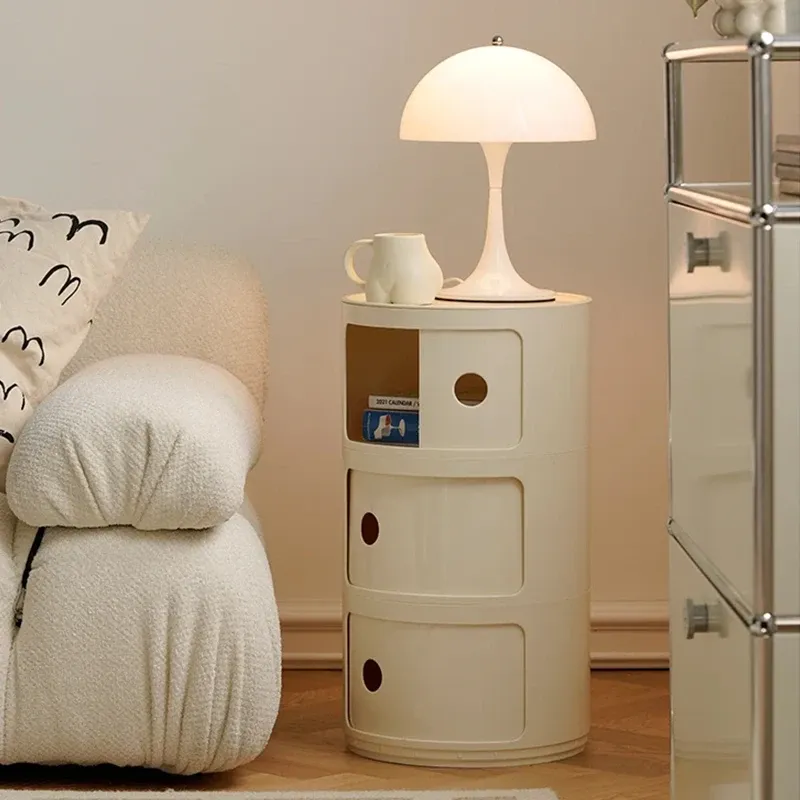 Nordic Modern Round Bedside Table with Multi-Layer Storage Cabinet - ABS Material, Sliding Door, 60kg Load Capacity, Ideal for Bedroom & Living Room thumbnail 4