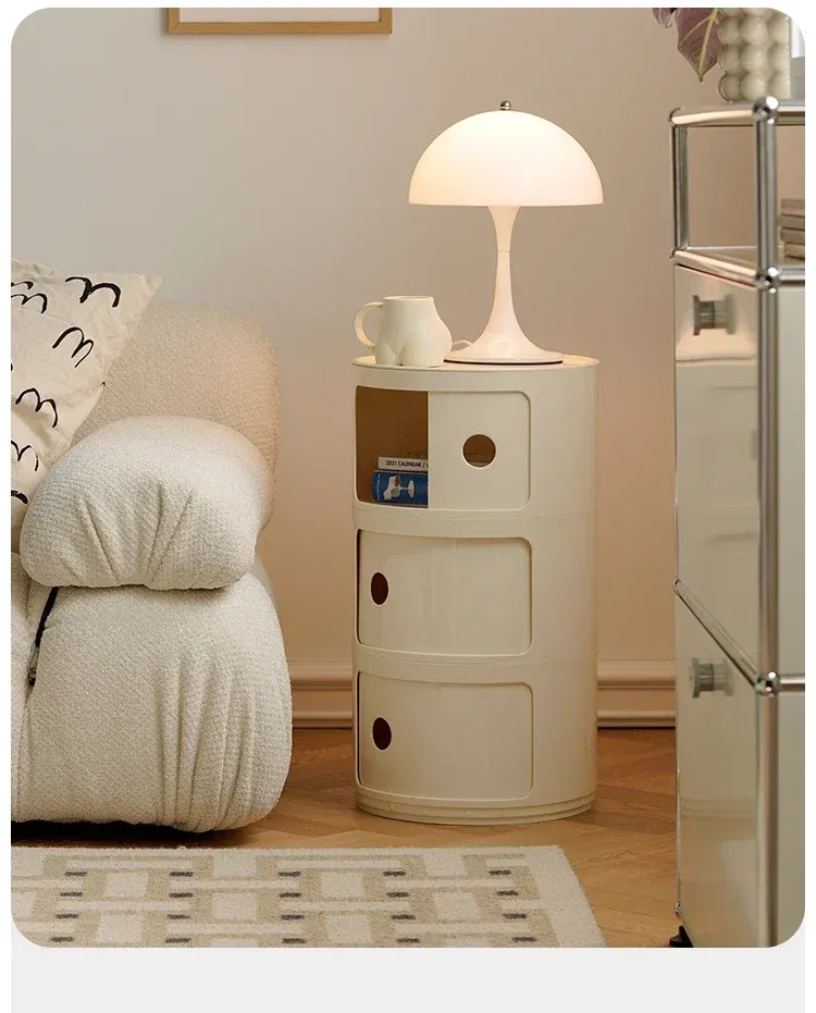 Nordic Modern Round Bedside Table with Multi-Layer Storage Cabinet - ABS Material, Sliding Door, 60kg Load Capacity, Ideal for Bedroom & Living Room showcase 1