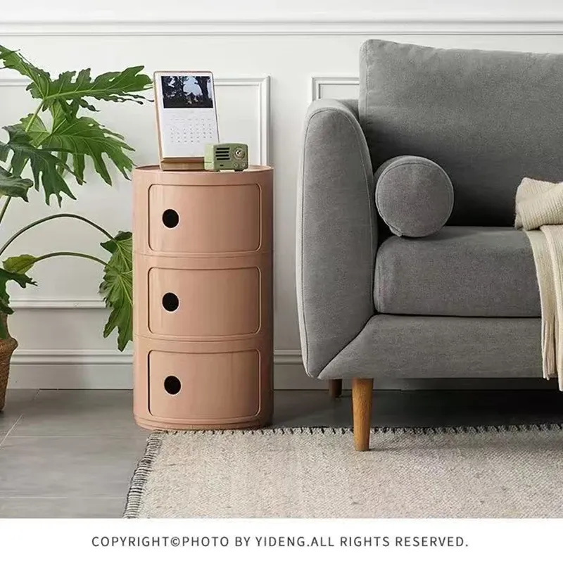 Nordic Modern Round Bedside Table with Multi-Layer Storage Cabinet - ABS Material, Sliding Door, 60kg Load Capacity, Ideal for Bedroom & Living Room thumbnail 2