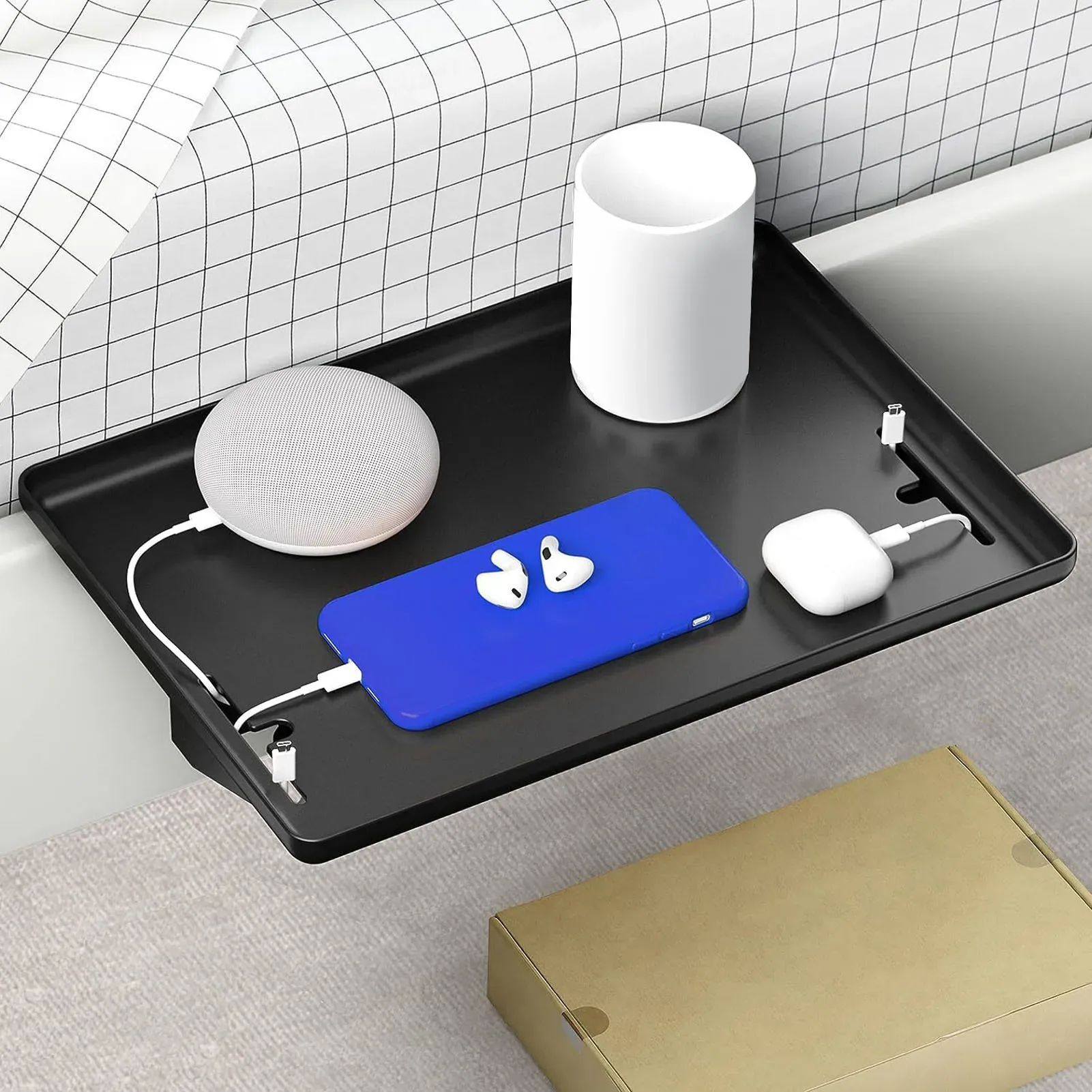 Space-Saving Bedside Shelf with Cable Management - T-Shaped Nightstand Tray for Dorms & Small Rooms, Holds Laptops & Essentials thumbnail 1