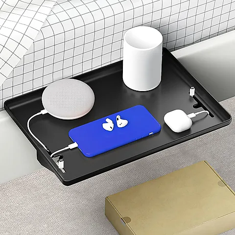 Space-Saving Bedside Shelf with Cable Management - T-Shaped Nightstand Tray for Dorms & Small Rooms, Holds Laptops & Essentials