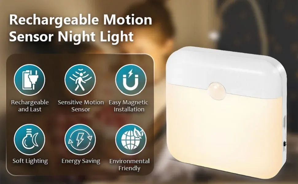 Rechargeable Motion Sensor Bedside Lamp, Warm White LED Night Light with Magnetic Mount, USB Powered, Energy Saving Auto-Off for Bedroom, Cabinet, Stairs, Hallway showcase 15