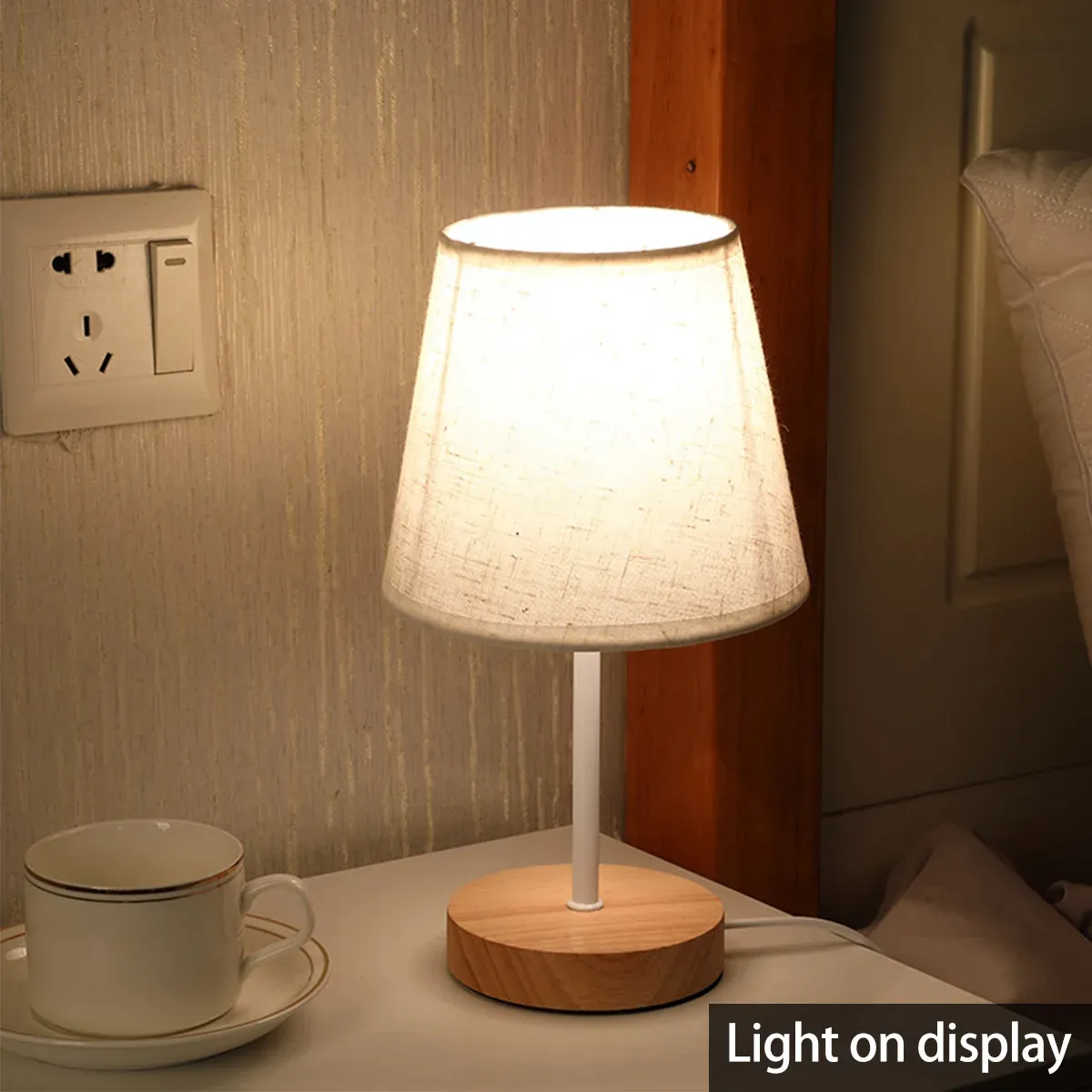 Modern USB Powered Wooden Table Lamp with Linen Lampshade, Warm White LED Light, Perfect for Bedroom, Nightstand, Home Decor thumbnail 2