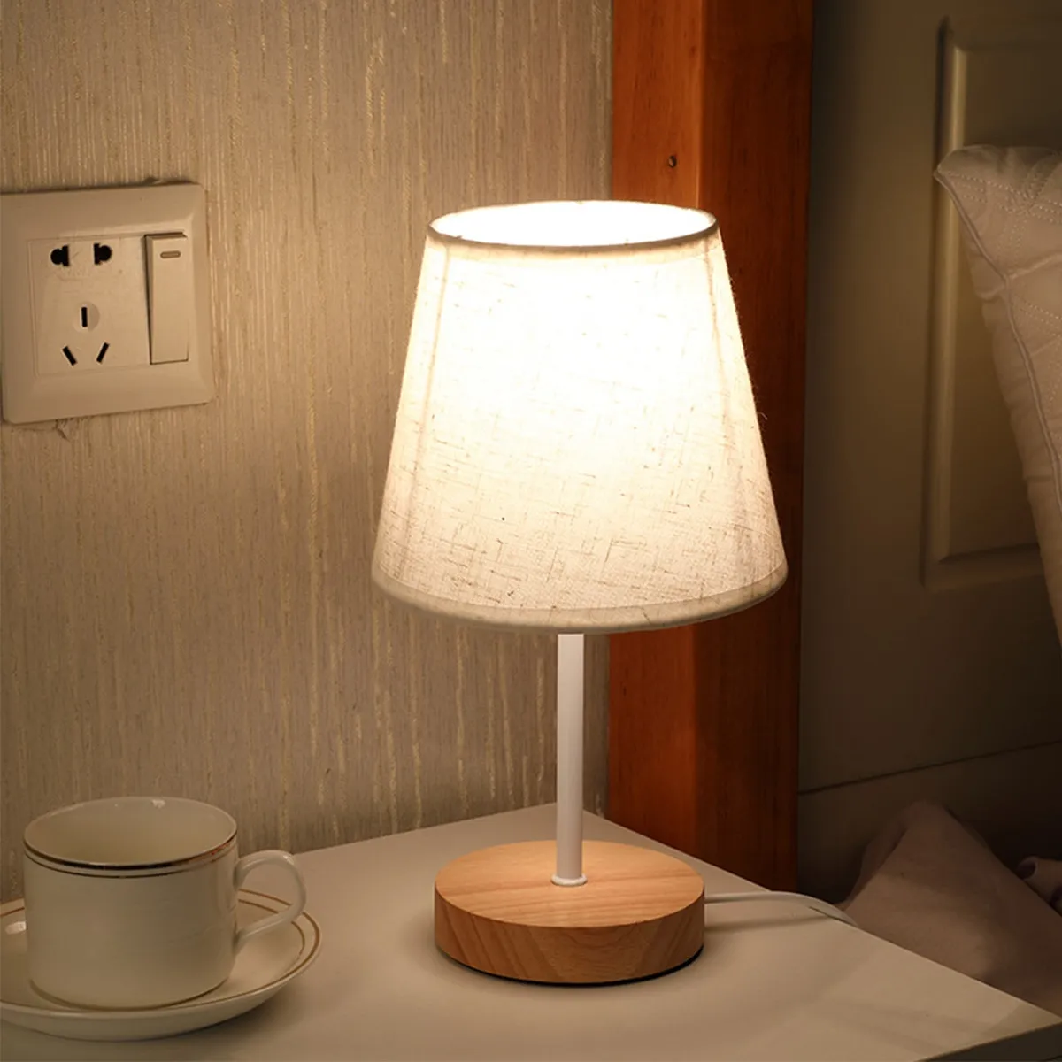 Modern USB Powered Wooden Table Lamp with Linen Lampshade, Warm White LED Light, Perfect for Bedroom, Nightstand, Home Decor showcase 6