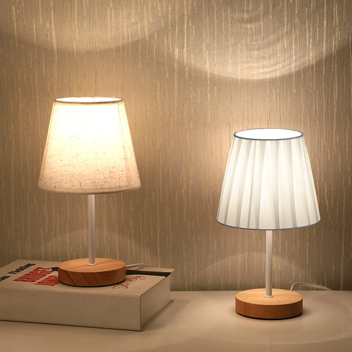 Modern USB Powered Wooden Table Lamp with Linen Lampshade, Warm White LED Light, Perfect for Bedroom, Nightstand, Home Decor showcase 1