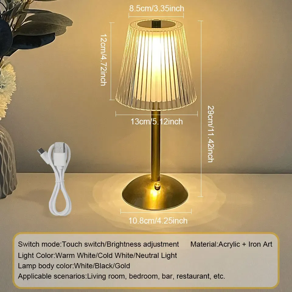 Rechargeable LED Table Lamp with Touch Sensor, Nordic Style Dimming Bedside Light for Home, Restaurant, Bar, Hotel - Metal & Acrylic, 3 Color Modes thumbnail 3