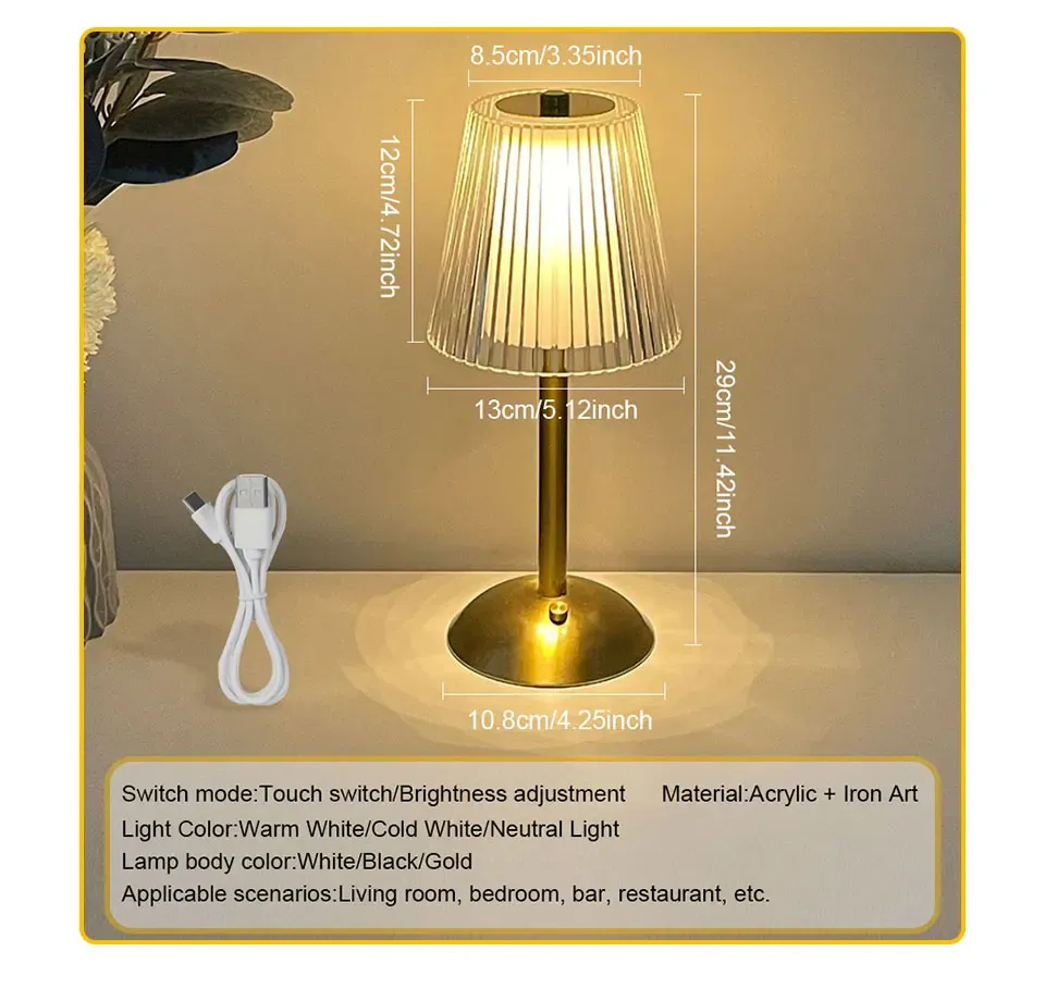 Rechargeable LED Table Lamp with Touch Sensor, Nordic Style Dimming Bedside Light for Home, Restaurant, Bar, Hotel - Metal & Acrylic, 3 Color Modes showcase 5