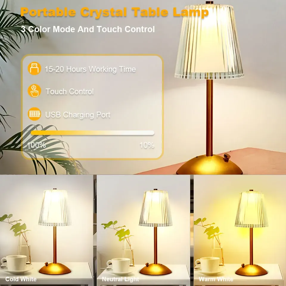 Rechargeable LED Table Lamp with Touch Sensor, Nordic Style Dimming Bedside Light for Home, Restaurant, Bar, Hotel - Metal & Acrylic, 3 Color Modes thumbnail 2