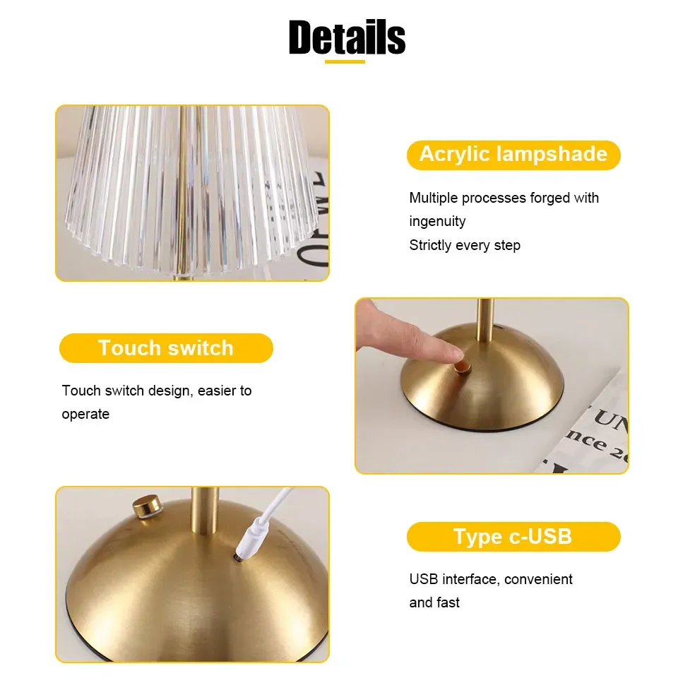 Rechargeable LED Table Lamp with Touch Sensor, Nordic Style Dimming Bedside Light for Home, Restaurant, Bar, Hotel - Metal & Acrylic, 3 Color Modes thumbnail 4
