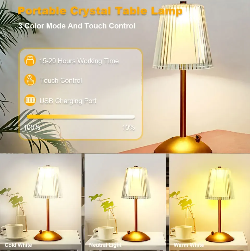 Rechargeable LED Table Lamp with Touch Sensor, Nordic Style Dimming Bedside Light for Home, Restaurant, Bar, Hotel - Metal & Acrylic, 3 Color Modes showcase 3