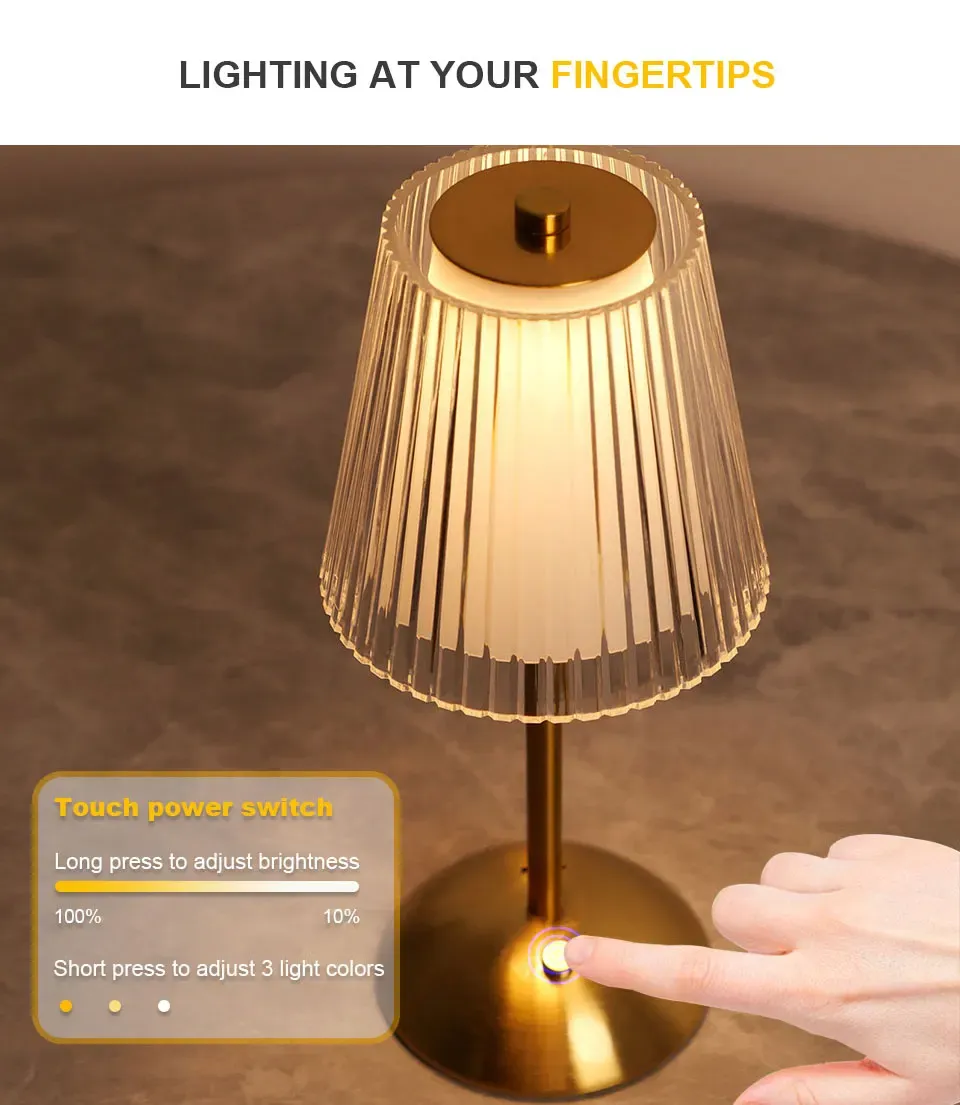 Rechargeable LED Table Lamp with Touch Sensor, Nordic Style Dimming Bedside Light for Home, Restaurant, Bar, Hotel - Metal & Acrylic, 3 Color Modes showcase 4