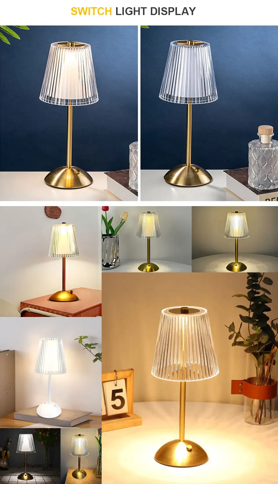 Rechargeable LED Table Lamp with Touch Sensor, Nordic Style Dimming Bedside Light for Home, Restaurant, Bar, Hotel - Metal & Acrylic, 3 Color Modes showcase 7