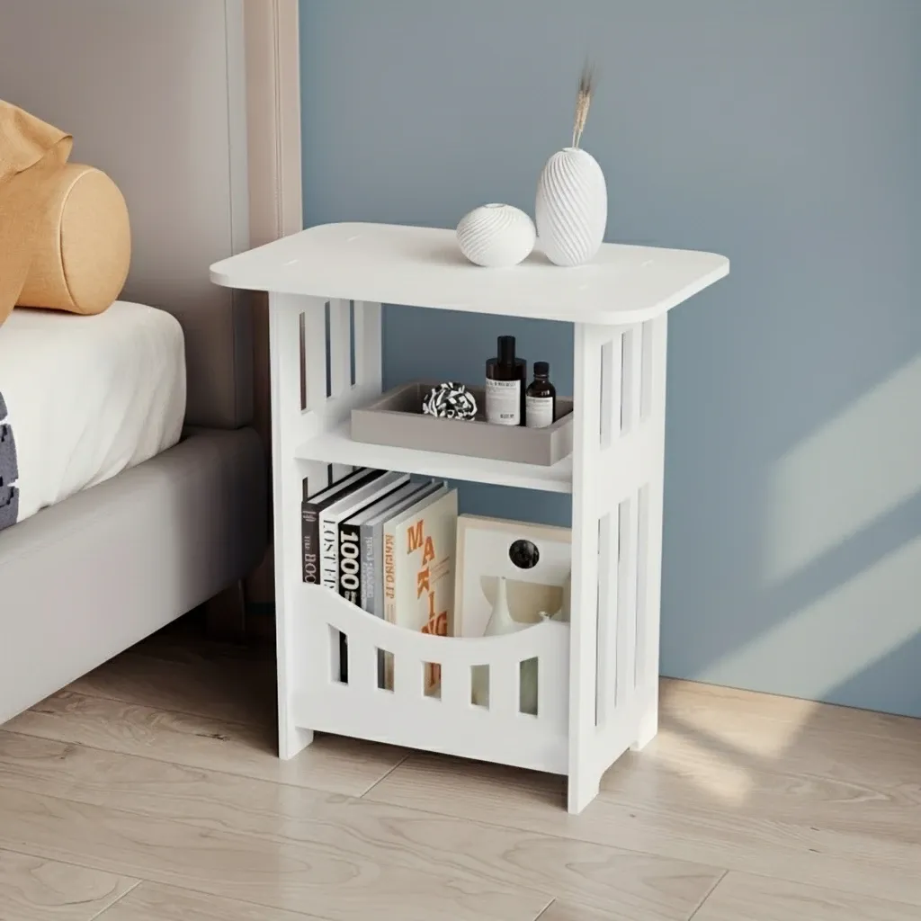 Modern Nordic Storage Side Table | Minimalist Scandinavian End Table Nightstand with Open Shelf | Compact Bedside Cabinet for Living Room Bedroom Furniture showcase 1