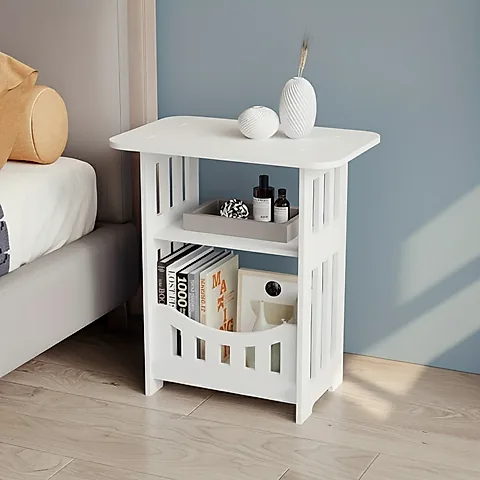 Modern Nordic Storage Side Table | Minimalist Scandinavian End Table Nightstand with Open Shelf | Compact Bedside Cabinet for Living Room Bedroom Furniture