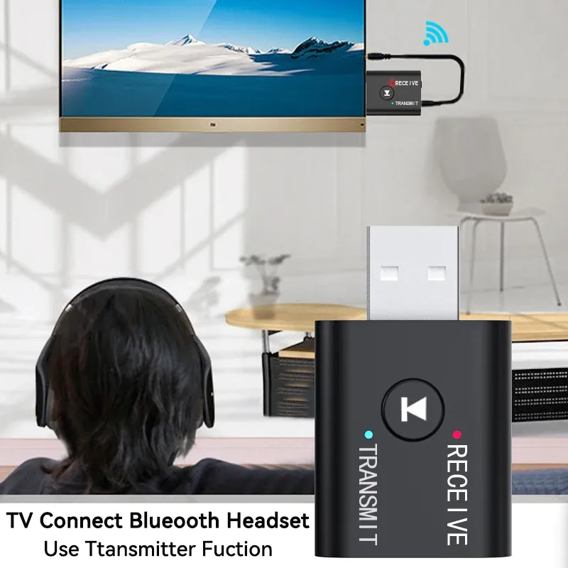 2-in-1 Bluetooth 5.0 Audio Receiver Transmitter, 3.5mm AUX USB Stereo Music Wireless Adapter with Mic for Car Speaker TV PC thumbnail 3