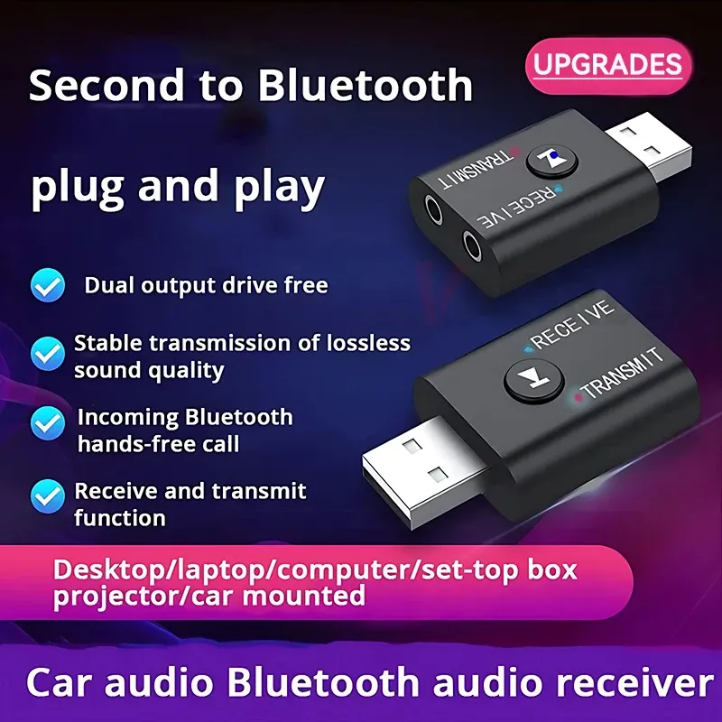2-in-1 Bluetooth 5.0 Audio Receiver Transmitter, 3.5mm AUX USB Stereo Music Wireless Adapter with Mic for Car Speaker TV PC thumbnail 2