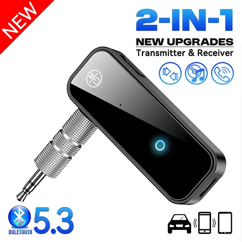 Upgraded C28 2-in-1 Bluetooth 5.3 Audio Receiver Transmitter, 3.5mm AUX Stereo Wireless Music Adapter with Microphone for Car, TV, PC thumbnail 1