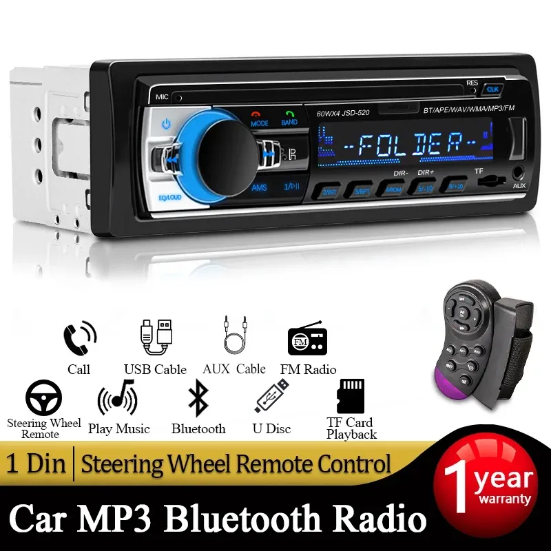 1 Din Car Stereo Radio MP3 Player with Bluetooth, USB/SD Card Input, FM Radio, AUX, and Remote Control - Digital Audio System for Enhanced In-Car Entertainment