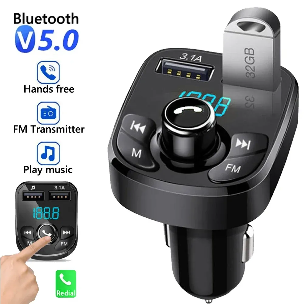 Bluetooth 5.0 Car Charger FM Transmitter with Dual USB Ports, Hands-Free Calling, MP3 Player for Android & iOS Devices - Fast Charging 3.1A