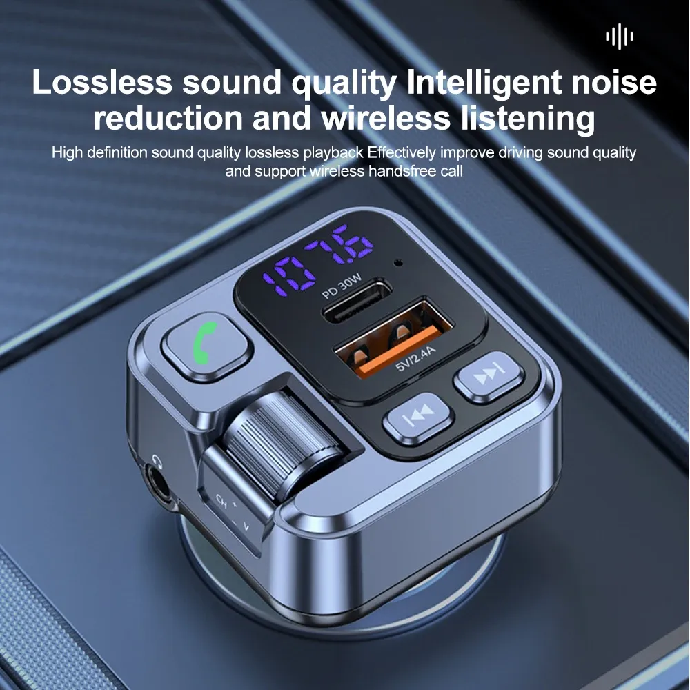 30W PD USB-C Fast Car Charger Bluetooth 5.1 FM Transmitter MP3 Player Handsfree Kit with Large White Screen, Voltage Display, Aux Input, U Disk Playback - Black showcase 1
