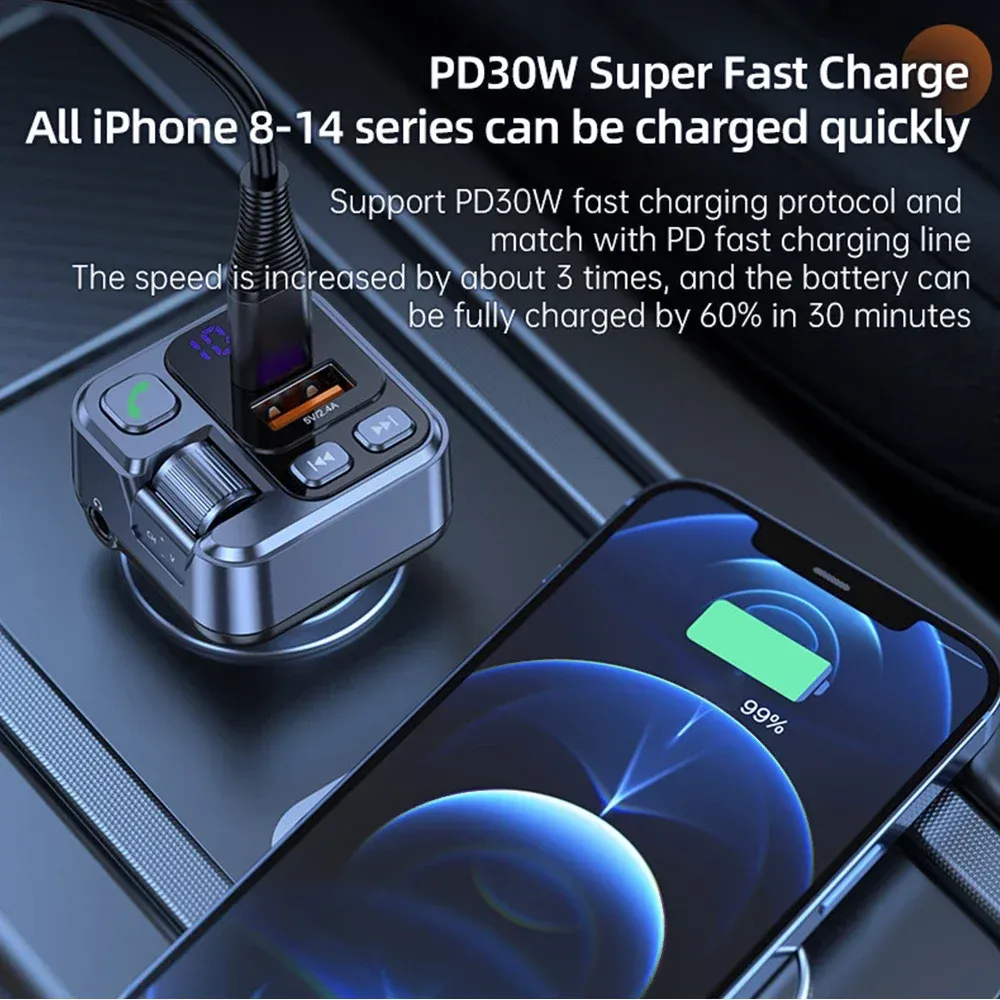 30W PD USB-C Fast Car Charger Bluetooth 5.1 FM Transmitter MP3 Player Handsfree Kit with Large White Screen, Voltage Display, Aux Input, U Disk Playback - Black thumbnail 3