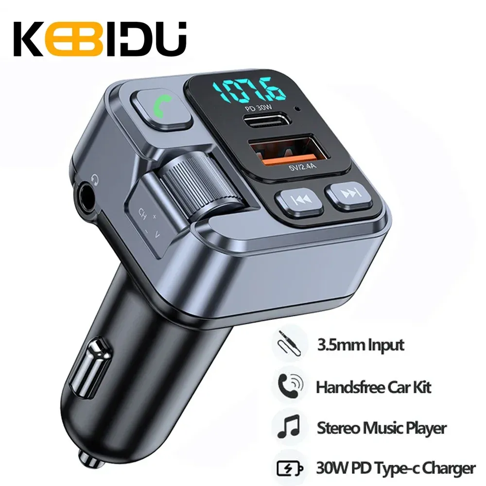 30W PD USB-C Fast Car Charger Bluetooth 5.1 FM Transmitter MP3 Player Handsfree Kit with Large White Screen, Voltage Display, Aux Input, U Disk Playback - Black