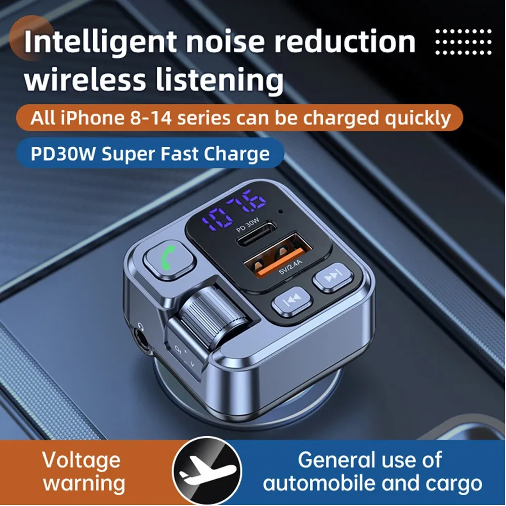 30W PD USB-C Fast Car Charger Bluetooth 5.1 FM Transmitter MP3 Player Handsfree Kit with Large White Screen, Voltage Display, Aux Input, U Disk Playback - Black showcase 5